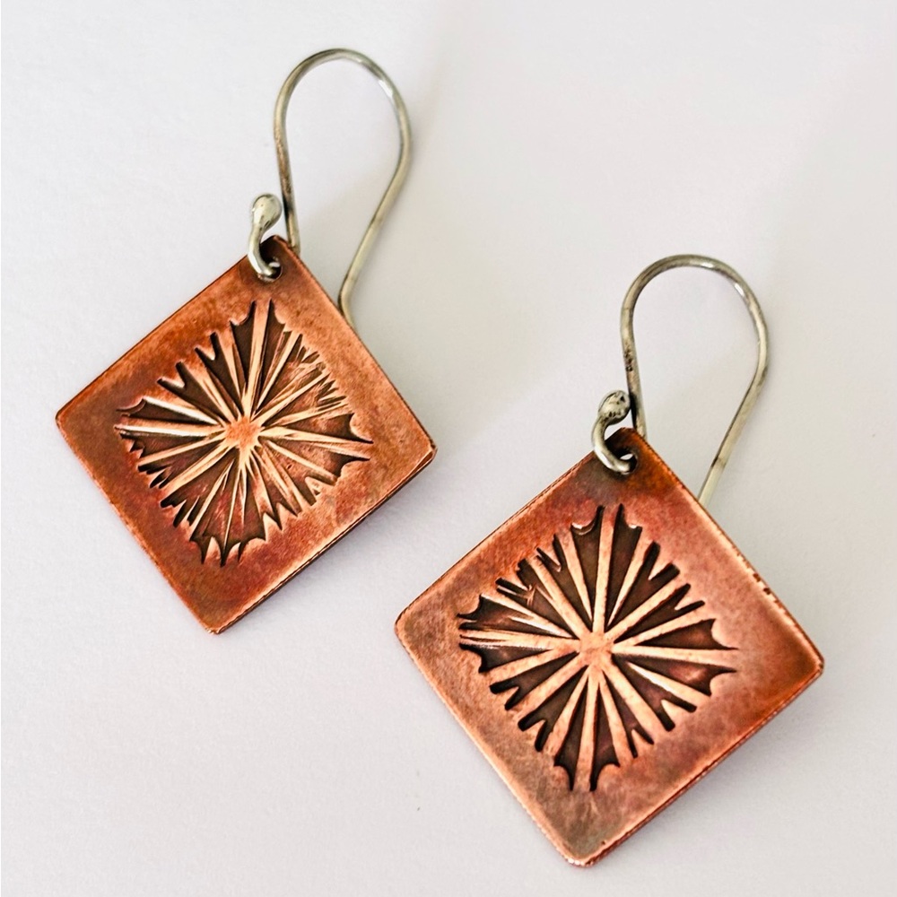 90’s Copper Sterling Silver 925 Starburst Square Drop Earrings Women Jewelry